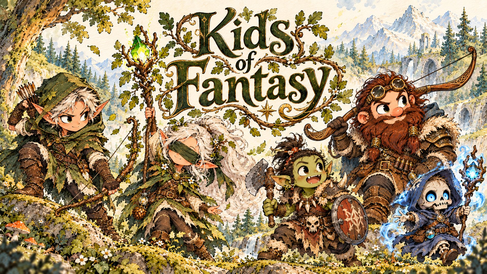 Kids of Fantasy: a young elf archer, a blindfolded elf druid, an orc warrior, a dwarf hunter and a little undead mage in an enchanted forest